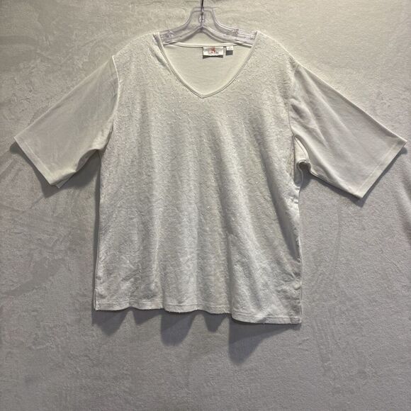 Quacker Factory Women's V Neck Sequin Shirt Top White 3/4 Sleeve Size 1X - Picture 1 of 16